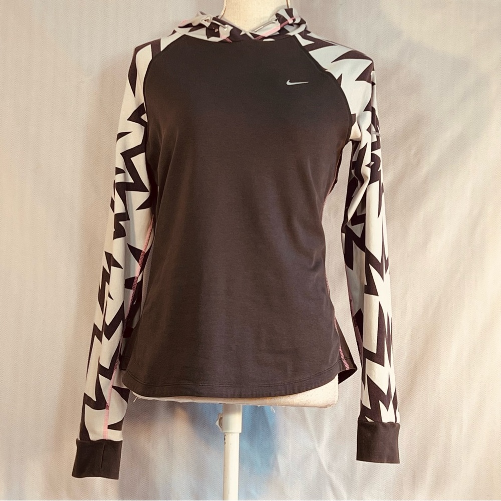 Nike Dri Fit Hoodie Geometric Gray White Pink Trim Long Sleeves Zip Pocket M👍